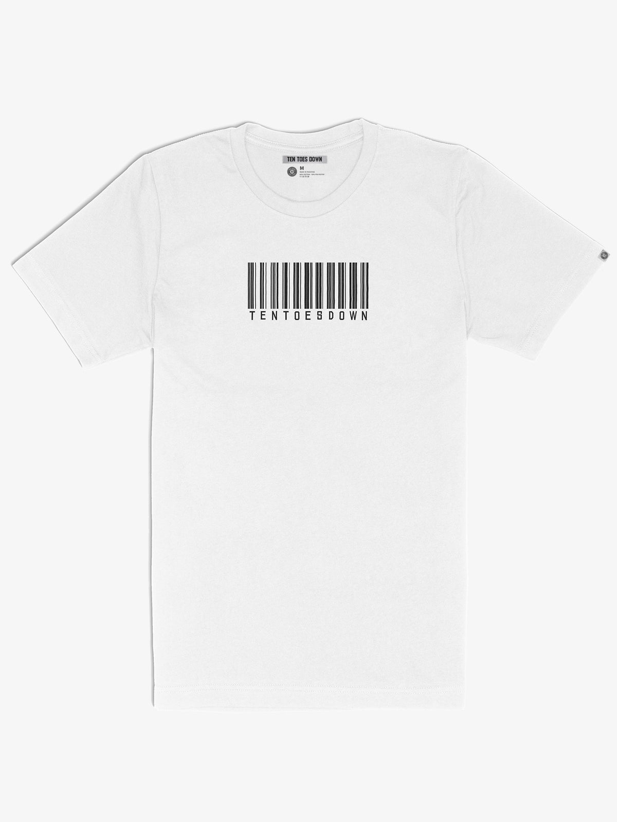 Ten Toes Down Barcode White T-Shirt, front product view